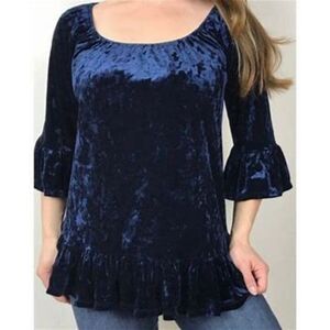 beachlunchlounge Blue Crushed Velvet Peplum Bell Sleeve Top Size M Whimsical